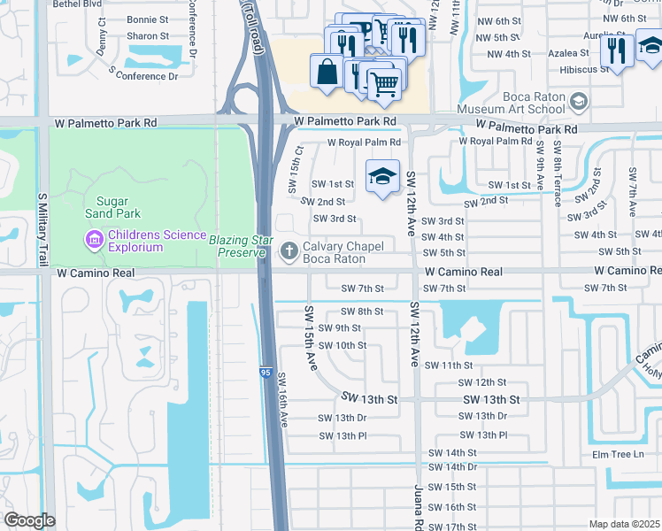 map of restaurants, bars, coffee shops, grocery stores, and more near 1399 West Camino Real in Boca Raton