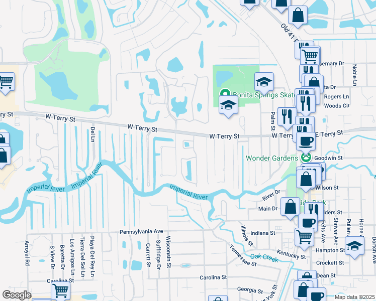 map of restaurants, bars, coffee shops, grocery stores, and more near 27014/020 Serrano Way in Bonita Springs