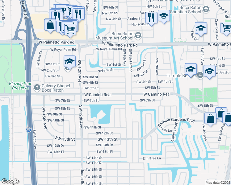 map of restaurants, bars, coffee shops, grocery stores, and more near 971 West Camino Real in Boca Raton