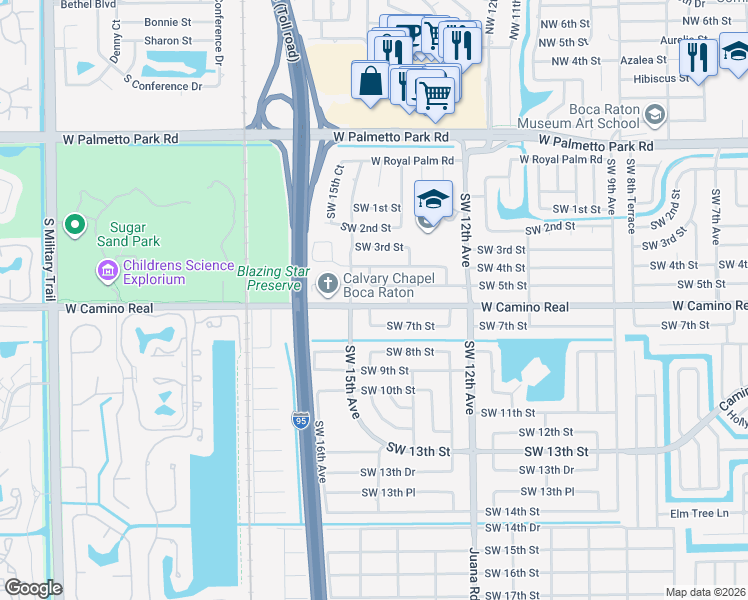 map of restaurants, bars, coffee shops, grocery stores, and more near 1399 West Camino Real in Boca Raton