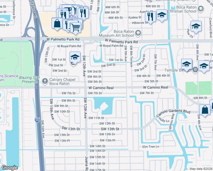 map of restaurants, bars, coffee shops, grocery stores, and more near 1069 West Camino Real in Boca Raton