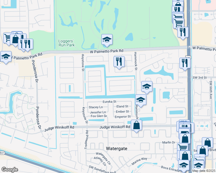 map of restaurants, bars, coffee shops, grocery stores, and more near 22335 Boulder Street in Boca Raton