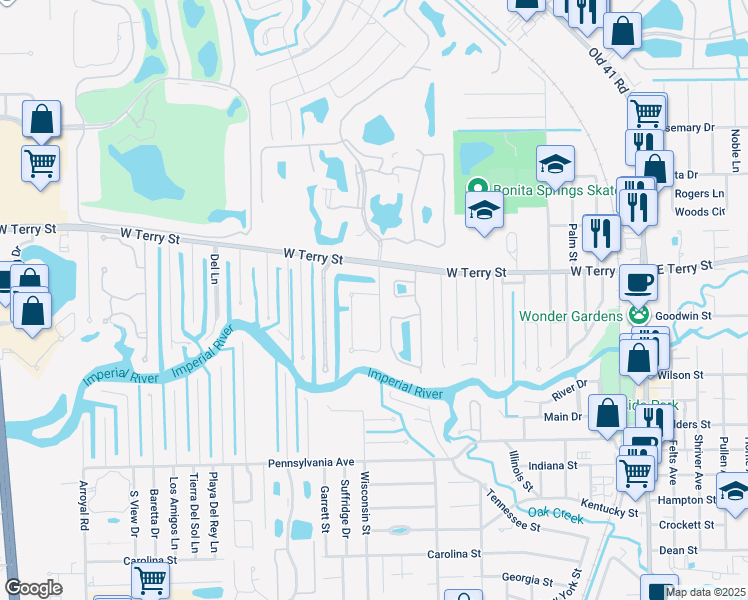 map of restaurants, bars, coffee shops, grocery stores, and more near 27145 Barefoot Lane in Bonita Springs