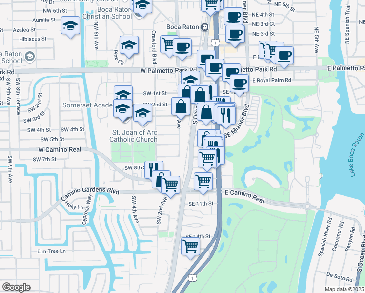 map of restaurants, bars, coffee shops, grocery stores, and more near 600 Southwest 2nd Avenue in Boca Raton