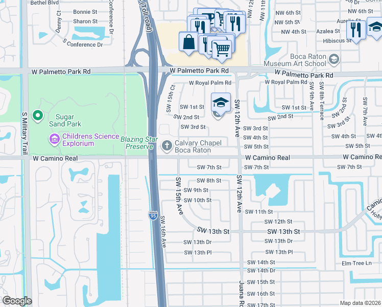 map of restaurants, bars, coffee shops, grocery stores, and more near 1399 West Camino Real in Boca Raton