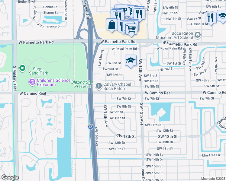 map of restaurants, bars, coffee shops, grocery stores, and more near 1399 West Camino Real in Boca Raton