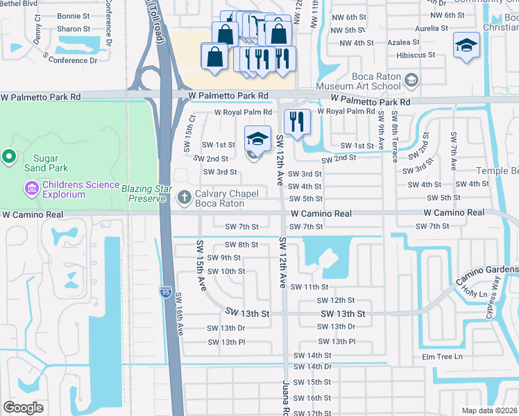 map of restaurants, bars, coffee shops, grocery stores, and more near 1243 West Camino Real in Boca Raton
