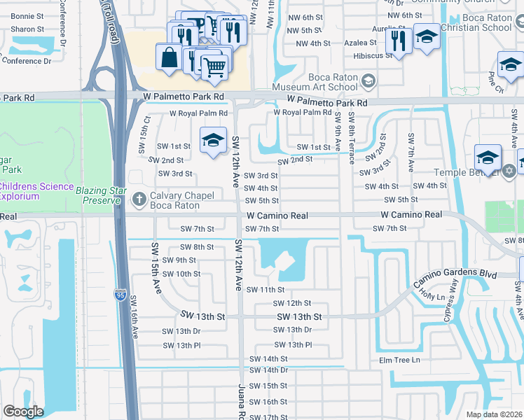 map of restaurants, bars, coffee shops, grocery stores, and more near 1145 West Camino Real in Boca Raton