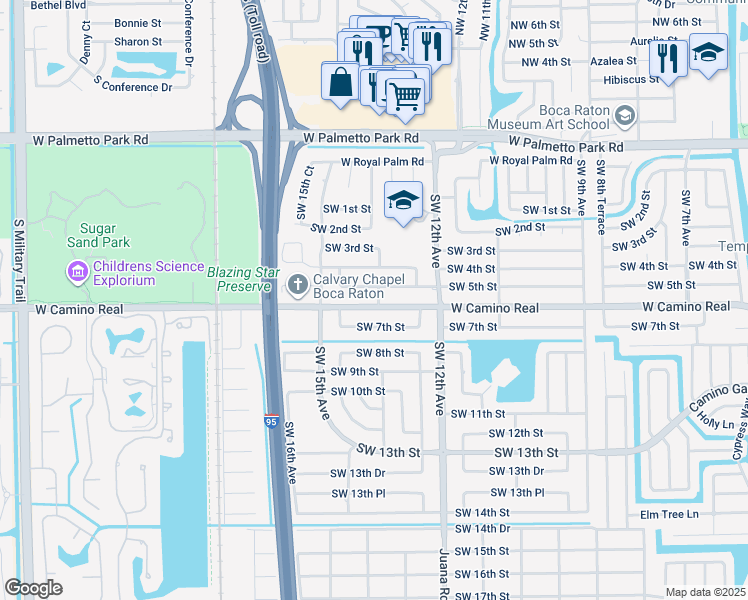 map of restaurants, bars, coffee shops, grocery stores, and more near 1301 West Camino Real in Boca Raton