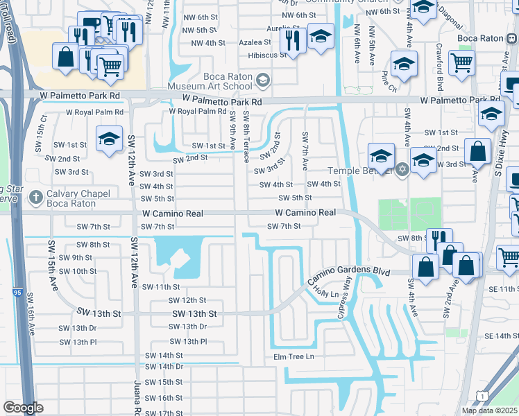 map of restaurants, bars, coffee shops, grocery stores, and more near 817 West Camino Real in Boca Raton