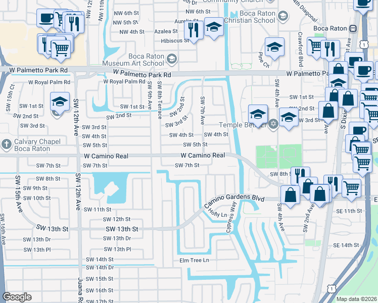 map of restaurants, bars, coffee shops, grocery stores, and more near 741 West Camino Real in Boca Raton