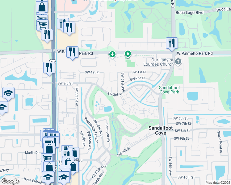 map of restaurants, bars, coffee shops, grocery stores, and more near 22319 Southwest 62nd Avenue in Boca Raton