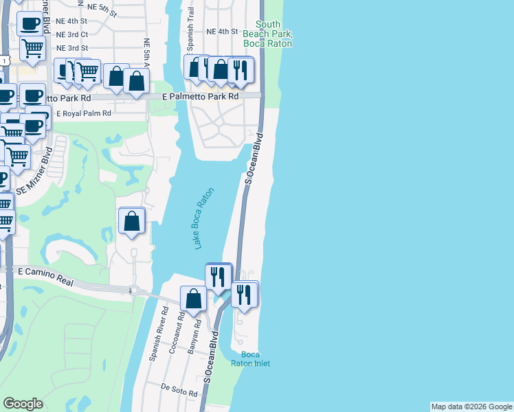 map of restaurants, bars, coffee shops, grocery stores, and more near 550 South Ocean Boulevard in Boca Raton