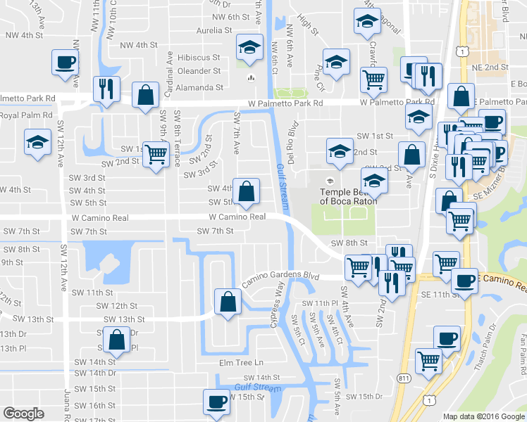 map of restaurants, bars, coffee shops, grocery stores, and more near 623 West Camino Real in Boca Raton