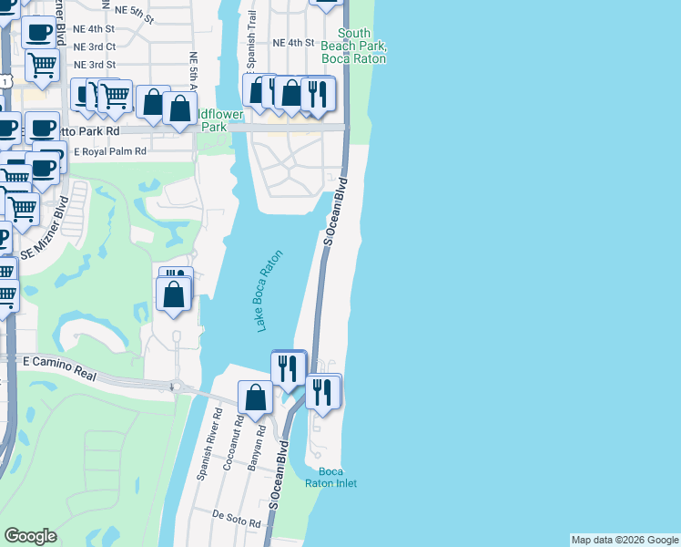 map of restaurants, bars, coffee shops, grocery stores, and more near 550 South Ocean Boulevard in Boca Raton