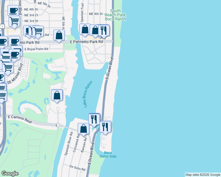 map of restaurants, bars, coffee shops, grocery stores, and more near 521 Florida A1A in Boca Raton