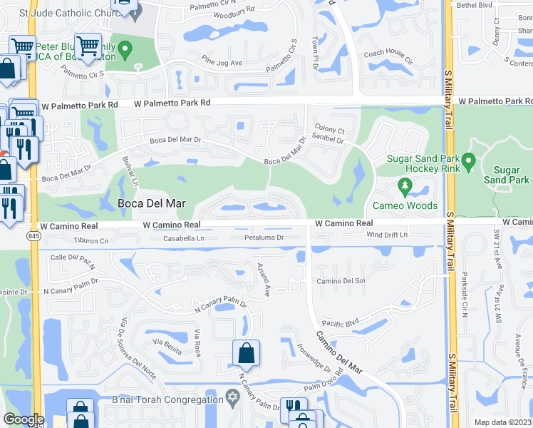 map of restaurants, bars, coffee shops, grocery stores, and more near 821 Balboa Circle in Boca Raton