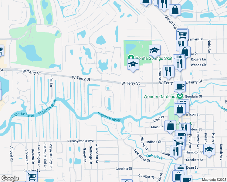 map of restaurants, bars, coffee shops, grocery stores, and more near 27014/020 Serrano Way in Bonita Springs