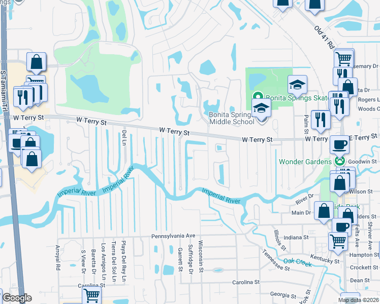 map of restaurants, bars, coffee shops, grocery stores, and more near 27238 Barefoot Lane in Bonita Springs
