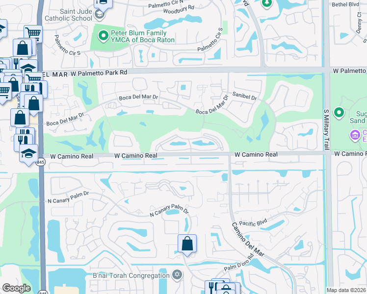 map of restaurants, bars, coffee shops, grocery stores, and more near 33 Balboa Circle in Boca Raton