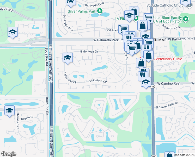 map of restaurants, bars, coffee shops, grocery stores, and more near 7572 Andorra Place in Boca Raton