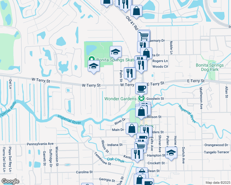 map of restaurants, bars, coffee shops, grocery stores, and more near 27061 Pine Ave in Bonita Springs