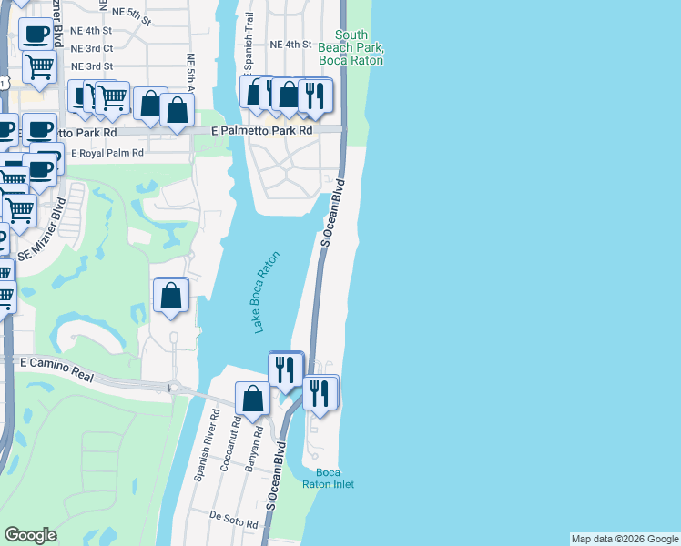 map of restaurants, bars, coffee shops, grocery stores, and more near 550 South Ocean Boulevard in Boca Raton
