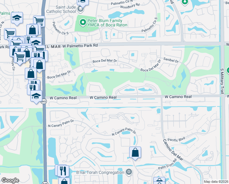 map of restaurants, bars, coffee shops, grocery stores, and more near 22 Balboa Circle in Boca Raton