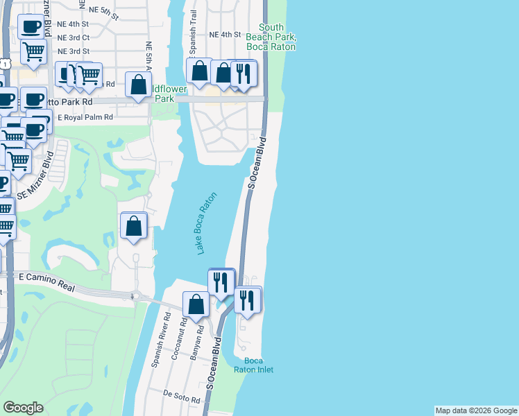 map of restaurants, bars, coffee shops, grocery stores, and more near 521 Florida A1A in Boca Raton
