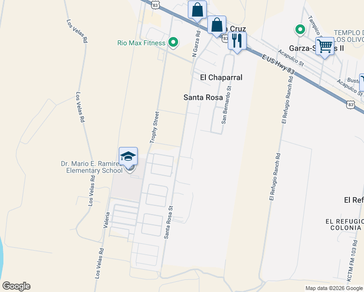 map of restaurants, bars, coffee shops, grocery stores, and more near 321 Santa Rosa Road in Rio Grande City