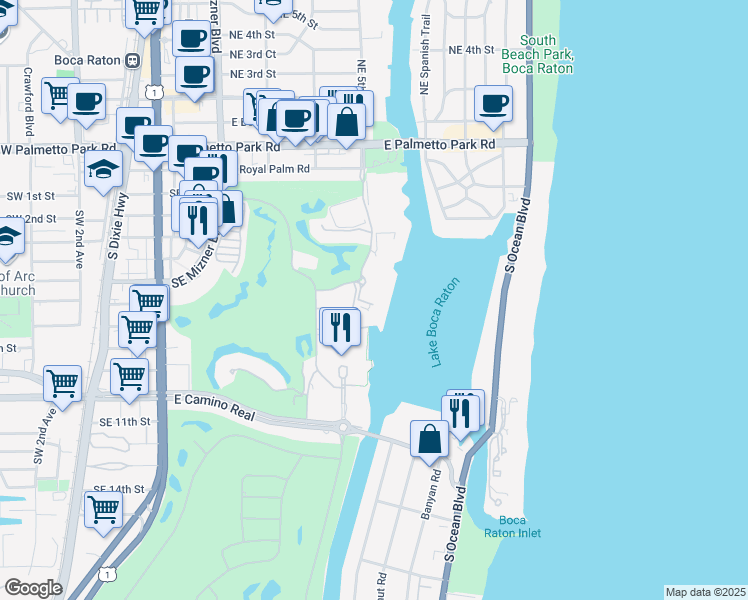 map of restaurants, bars, coffee shops, grocery stores, and more near 400 Southeast 5th Avenue in Boca Raton