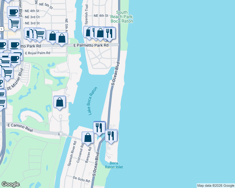 map of restaurants, bars, coffee shops, grocery stores, and more near 550 South Ocean Boulevard in Boca Raton