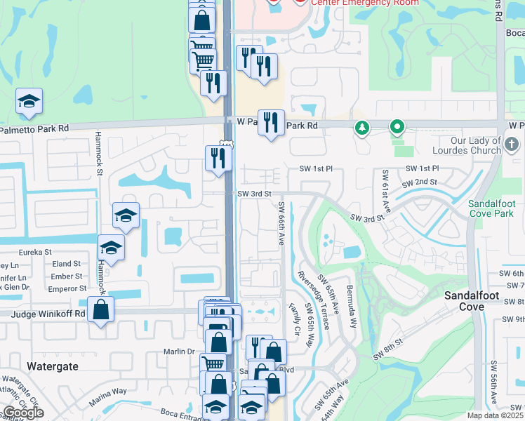map of restaurants, bars, coffee shops, grocery stores, and more near 22277 Southwest 66th Avenue in Boca Raton