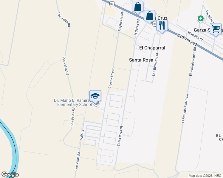 map of restaurants, bars, coffee shops, grocery stores, and more near 411 River Crest Street in Rio Grande City