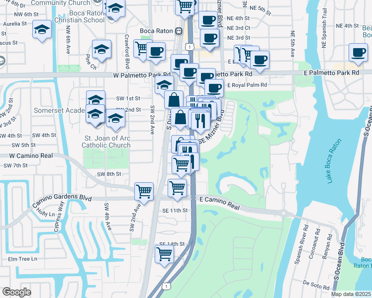 map of restaurants, bars, coffee shops, grocery stores, and more near 595 South Federal Highway in Boca Raton