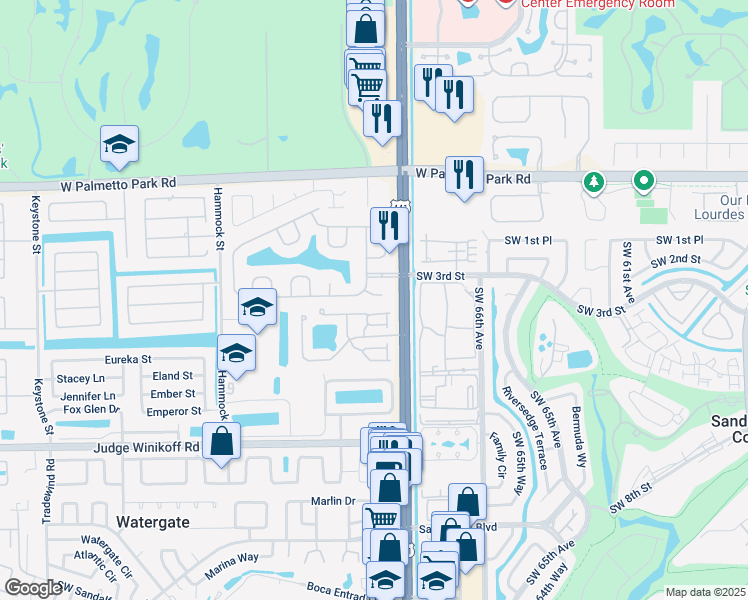 map of restaurants, bars, coffee shops, grocery stores, and more near 10034 Venezia Place in Boca Raton