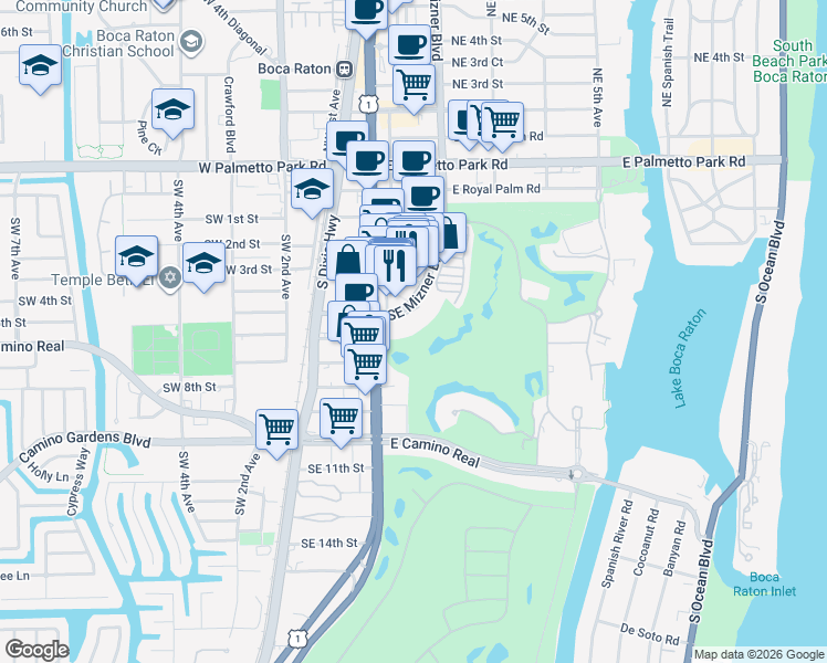 map of restaurants, bars, coffee shops, grocery stores, and more near 500 Southeast Mizner Boulevard in Boca Raton