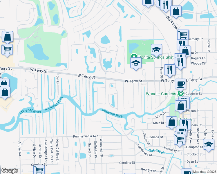 map of restaurants, bars, coffee shops, grocery stores, and more near 27145 Barefoot Lane in Bonita Springs