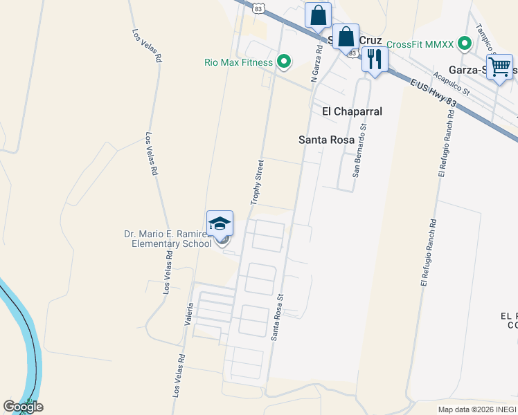 map of restaurants, bars, coffee shops, grocery stores, and more near 411 River Crest Street in Rio Grande City