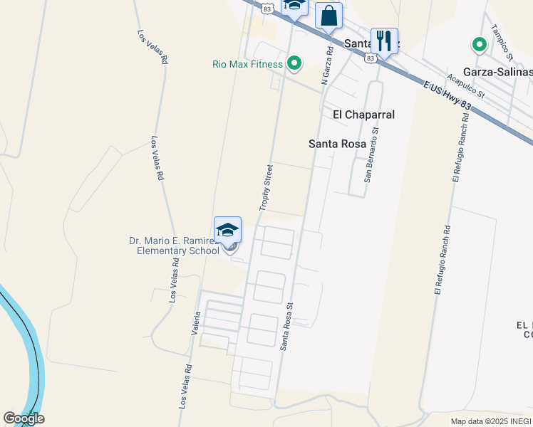 map of restaurants, bars, coffee shops, grocery stores, and more near 411 River Crest Street in Rio Grande City