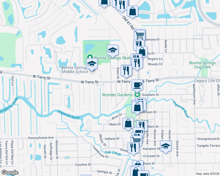 map of restaurants, bars, coffee shops, grocery stores, and more near 27040 Pine Avenue in Bonita Springs