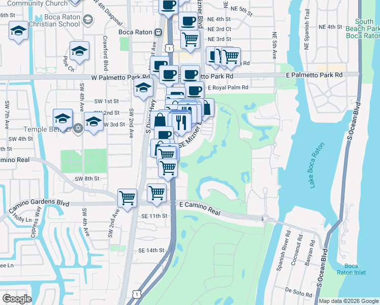 map of restaurants, bars, coffee shops, grocery stores, and more near 500 Southeast Mizner Boulevard in Boca Raton