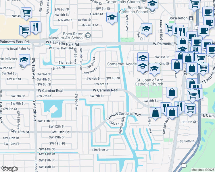 map of restaurants, bars, coffee shops, grocery stores, and more near 698 Southwest 5th Street in Boca Raton