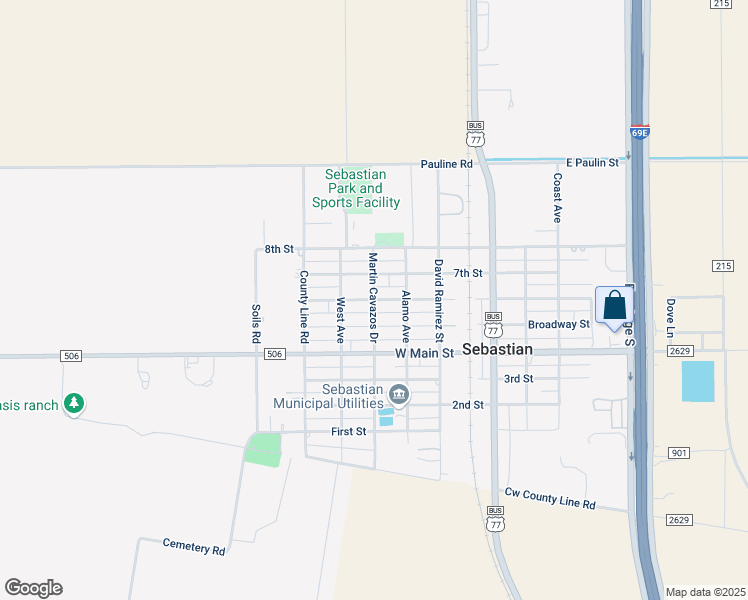 map of restaurants, bars, coffee shops, grocery stores, and more near North Martin Cavasos Drive in Sebastian