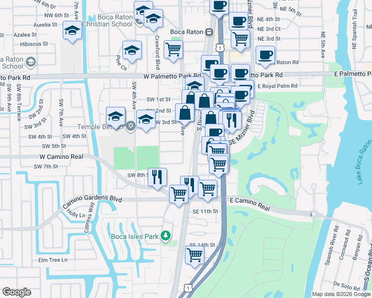 map of restaurants, bars, coffee shops, grocery stores, and more near 600 Southwest 2nd Avenue in Boca Raton