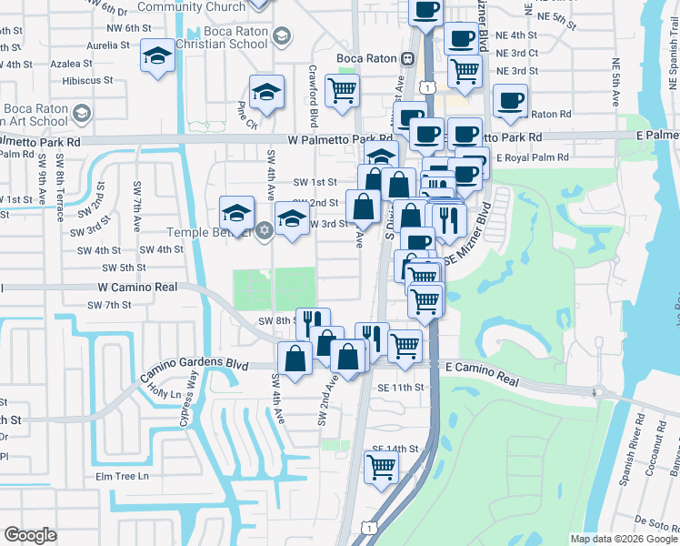 map of restaurants, bars, coffee shops, grocery stores, and more near 259 Southwest 6th Street in Boca Raton