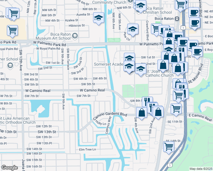 map of restaurants, bars, coffee shops, grocery stores, and more near 623 West Camino Real in Boca Raton