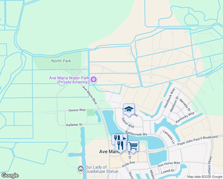 map of restaurants, bars, coffee shops, grocery stores, and more near Owens Way in Ave Maria