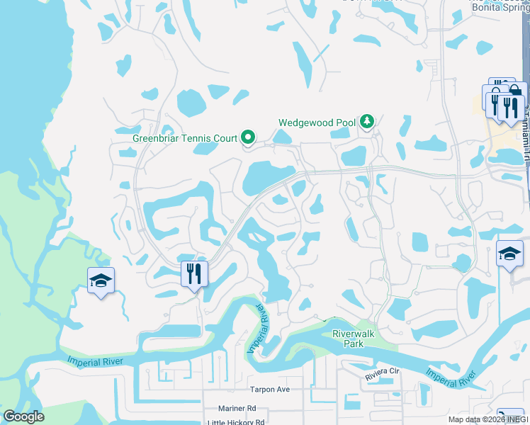 map of restaurants, bars, coffee shops, grocery stores, and more near 4201 Lake Forest Drive in Bonita Springs