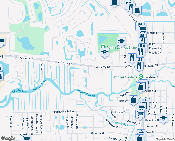 map of restaurants, bars, coffee shops, grocery stores, and more near 27014/020 Serrano Way in Bonita Springs